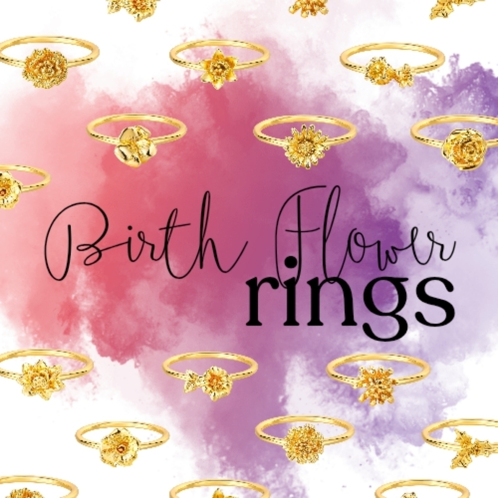 Birth Flower 14K Gold Plated Ring Zodiac Astrology Birthday Stacker Dainty NEW 7 - Picture 3 of 16